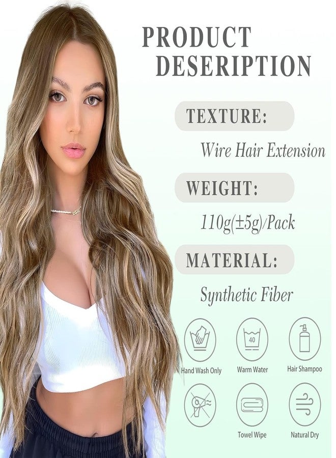 MORICA Halo Hair Extensions 20 Inch Light Brown Mix Ash Blonde Invisible Wire Hair Extensions,Long Wavy Synthetic Hairpiece with Transparent Wire Adjustable Size, 4 Secure Clips for Women - Image 3